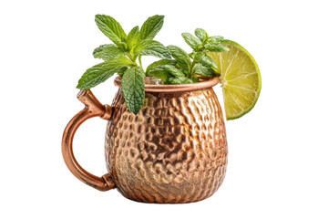 PNG Refreshing mint moscow mule in hammered copper mug with lime garnish on black background