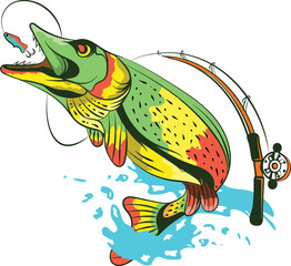 Fish colorful logo icon vector illustration design with fish rod and hook