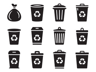 Trash and Recycling Bins Icons Set, Featuring Waste Management Symbols