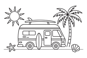 Retro RV Camper Van with Surfboard Graphic Design, vector Illustration, coloring page for kids