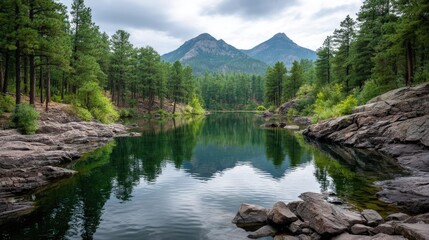 Fototapeta premium Scenic view of lake in pine forest with tree and rock concept. Serene lake reflecting mountains surrounded by lush pine forest.
