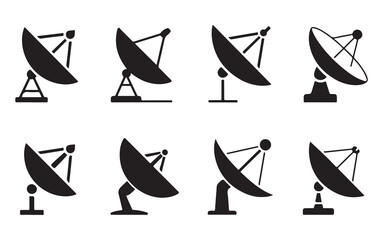 Set of Satellite Dish Icons, Featuring Various Positions of Antennas in Simple Black Line Art. Perfect for Representing Communication, Technology, and Broadcasting Themes in Design.