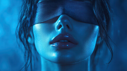 Fototapeta premium Mysterious Gaze: A stunning woman is shrouded in an aura of enigma and elegance, wearing a blindfold that conceals her eyes, capturing a feeling of mystery. 
