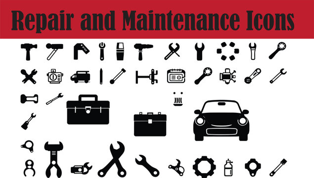 Repair and Maintenance Icons - Icons include items like a hammer, screwdriver, wrench, spanner, toolbox, car, and settings gear