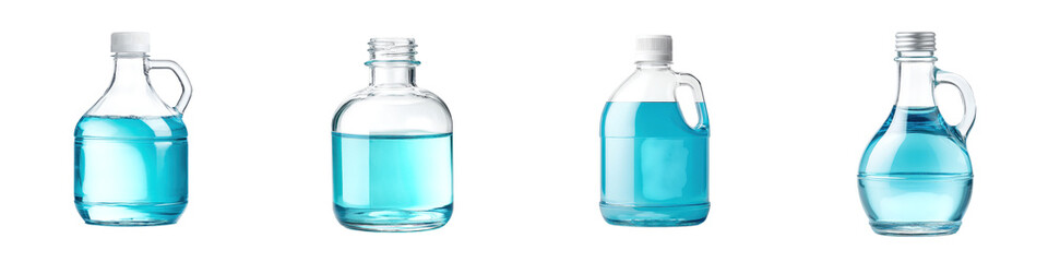 Naklejka premium A collection of various shaped clear glass bottles filled with a vibrant blue liquid arranged in a still life composition against a white background