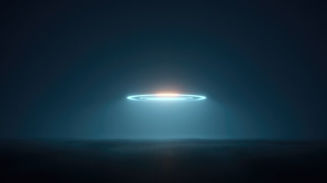 lone minimalist flying saucer silhouette in clear sky with vast blue copy space