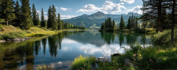 Fototapeta premium Scenic view of lake in pine forest near beautiful mountain concept. Serene lake reflecting mountains with lush green surroundings.