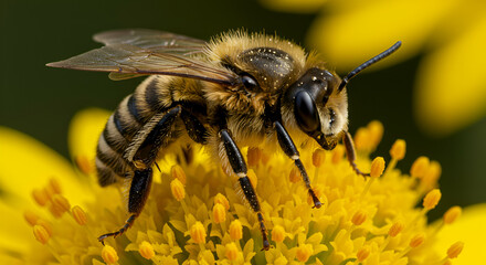 Honeybee collecting pollen on a bright yellow flower in close-up detail