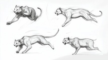 Dynamic Panther Sketches: Four Poses of a Panther in Motion - Leaping, Running, and Stalking Study Drawing Art