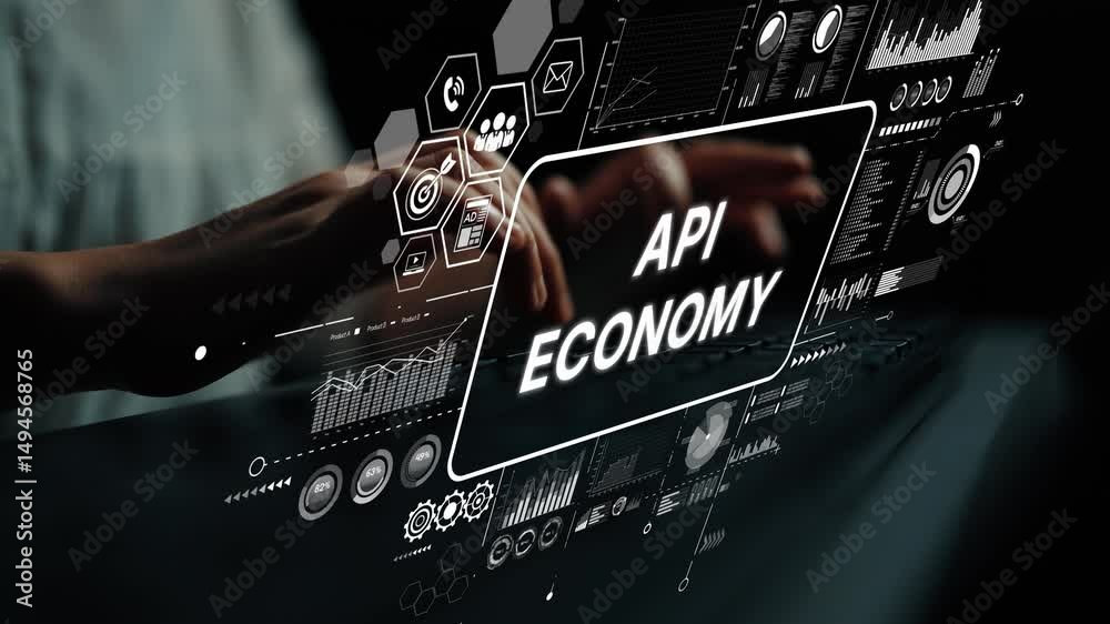 Poster hands typing on keyboard with digital graphics representing api economy and technology trends in bus