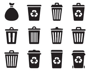  Collection of Black Recycling Bin Icons, Featuring Different Recycling Bins with the Recycling Symbol. Simple and Clean Design, Perfect for Environmental and Sustainability Projects.