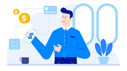 Man holds a phone displaying a dollar sign. Suitable for finance, business, technology concepts in web design, social media posts.