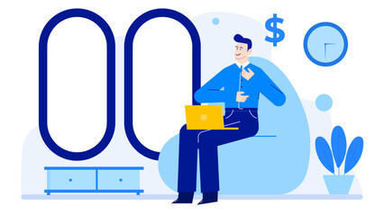 Title Man sitting on blue couch with laptop, plant, dollar sign. Suitable for finance, remote work, home office concepts.