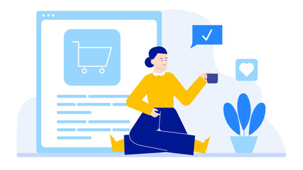 Woman sitting near a computer holding a coffee cup. Perfect for coffee shops, remote work, work from home concept designs.