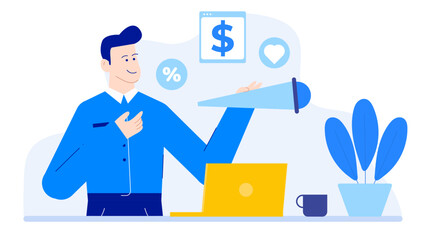 Man in a blue shirt with a megaphone by a laptop and plant. Perfect for marketing, technology, communication or business concepts.
