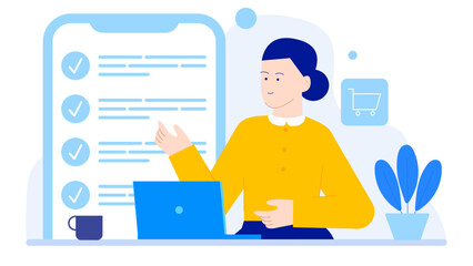 Woman presenting a checklist on a laptop, ideal for business, organization, productivity, planning, project management, online tasks, and virtual meetings.