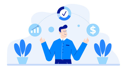 Man in blue shirt with dollar sign, graph, and checkmark, suitable for financial success, business growth, stock market concepts.