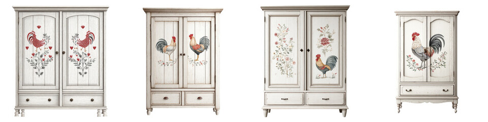 Decorative cabinets with rustic chicken and floral designs