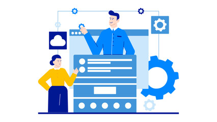Two individuals collaborating on a website. Suitable for web development, teamwork, project management, technology, coding, and digital marketing concepts.