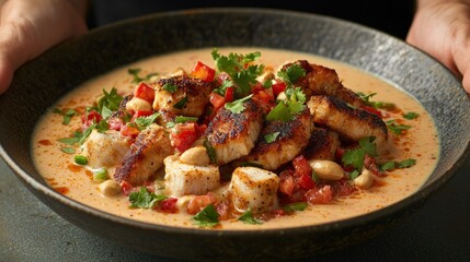 Fish curry in bowl, being held. Vivid colors, creamy soup