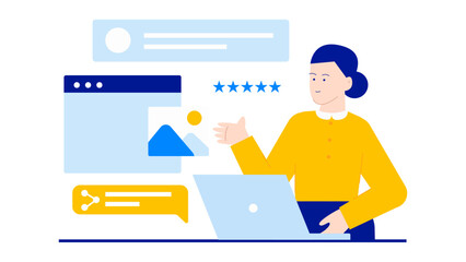 Woman on laptop viewing five star review suitable for business websites, customer testimonials, online reviews, technology blogs, and marketing concepts.