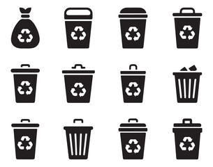  Collection of Black Recycling Bin Icons, Featuring Different Recycling Bins with the Recycling Symbol. Simple and Clean Design, Perfect for Environmental and Sustainability Projects.