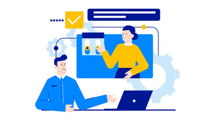 Two people interacting with a laptop and gears. Suitable for technology, teamwork, collaboration concepts in business presentations or web design.