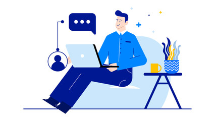 Man on a laptop on a couch. Suitable for remote work, telecommuting, studying, browsing, working from home, technology concepts.