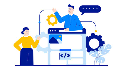 Website design featuring a code box and two people collaborating on coding projects. Suitable for tech blogs or software developers websites.