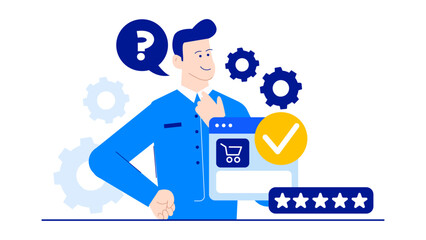 Man pondering e-commerce site with cart and rating system.
