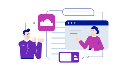 Man and woman having desktop video call. Suitable for virtual communication, online meeting, telecommuting, remote work concepts in design projects.