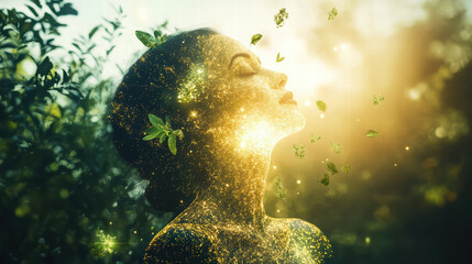 Breathing the Essence of Nature: A portrait of a woman serenely connecting with nature, her face gently illuminated as she embodies a harmonious blend of human and natural elements.