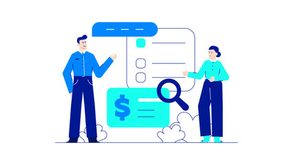 Two people are presenting a form with a dollar sign. Suitable for financial presentations, budgeting concepts, banking services, and investment themes.