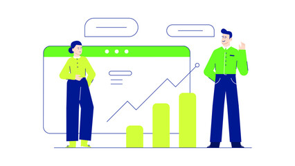 Illustration of a couple analyzing a growth chart. Ideal for business presentations, financial reports, marketing materials, and data analysis concepts.
