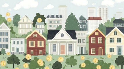 City houses with money, and investment.