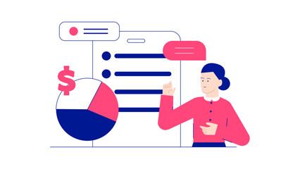Woman guiding financial decisions with a pie chart. Suitable for business presentations, finance blogs, marketing materials, and investment advice.