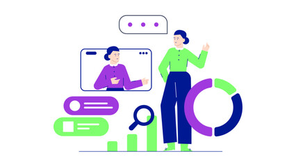 Woman in video call with chart bar graphs and pie chart; suitable for business presentations, virtual meetings, and financial reports.