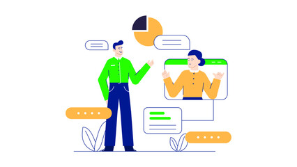 Two people connecting virtually in a video conference call, suitable for illustrating remote work, online meetings, telecommuting, and digital collaboration.