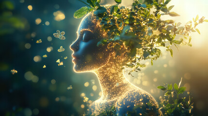 Eternal Embrace: A serene woman, interwoven with elements of nature, radiating peace and harmony, inviting reflection on the interconnectedness of life, with leaves and lights embracing.