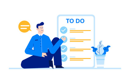 Man sitting near a todo list, looking thoughtful. Perfect for productivity, planning, organization, time management, or lifestyle themed concepts.
