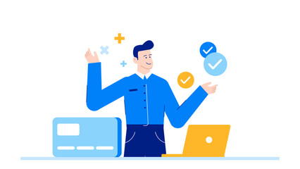 Man standing near a laptop and credit card suitable for financial, online shopping, ecommerce concepts. Business, technology, finance, digital transactions.