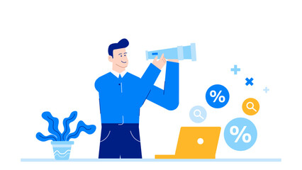 Man using a telescope to observe laptop with a plant. Technology, nature, curiosity, remote work, digital nomad, work life balance concepts.