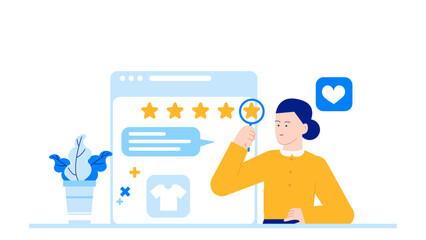 Woman checking 5star reviews on phone. Suitable for marketing, customer service, digital technology concepts, online shopping promotions, and consumer feedback.