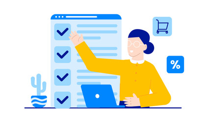 Woman happily checking a list on laptop, suitable for business, productivity, work from home, freelance, organization, and technology concepts.