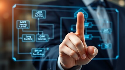 Businessman interacting with a futuristic holographic interface depicting data analysis and processes