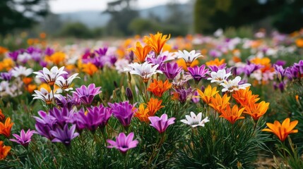 Fototapeta premium Blooming flowers in meadow inside vibrant tropical paradise concept. Vibrant field of flowers in various colors blooming in nature.