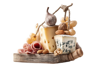 Fototapeta premium PNG Rustic cheese platter with grapes, nuts, and meats on wooden board