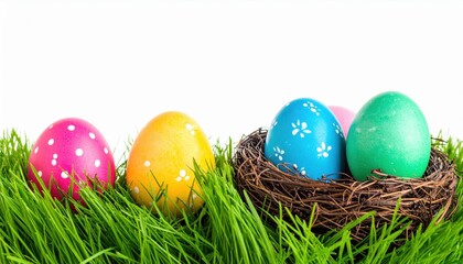 Fototapeta premium Decorating easter eggs in a bird's nest on green grass blank white background