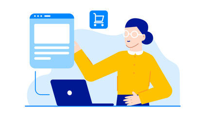 Woman with blue hair shopping online on a laptop. Perfect for ecommerce, digital shopping, internet shopping concepts, online retail websites.