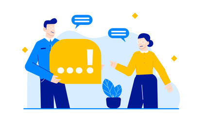 Two people having a conversation next to a large yellow speech bubble, ideal for business concepts or communication themes.